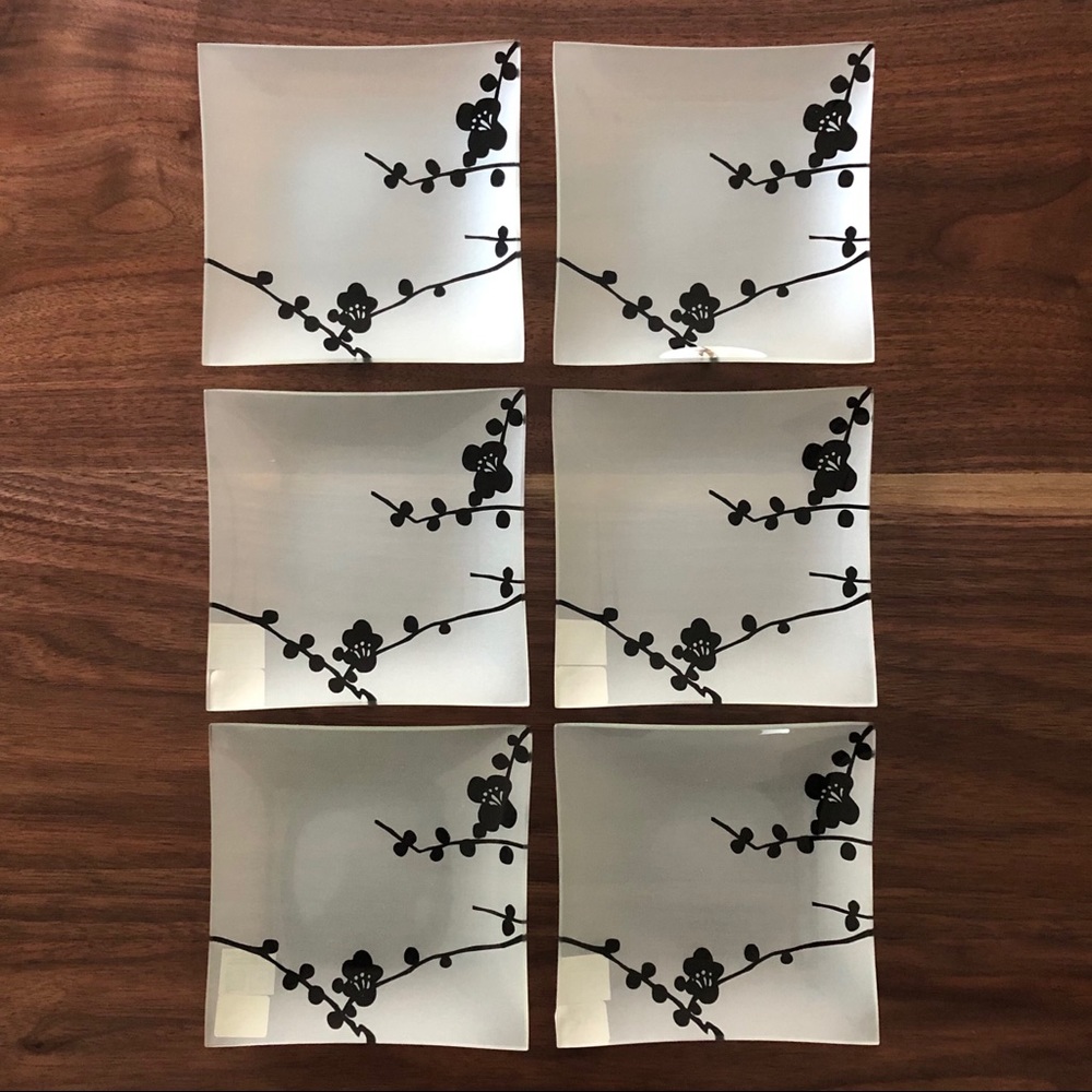 CB2 Opaque GlassSquare Dessert Plates with Black Floral Branch Design (Set of 6)